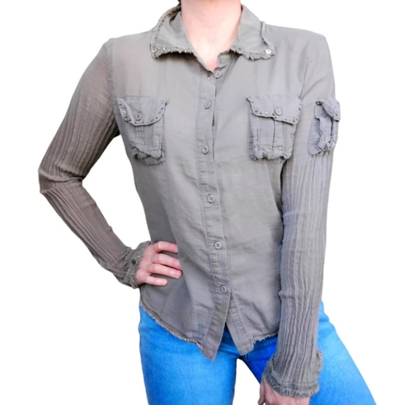 Da-Nang Y2K Military Green Long Sleeve Beaded Button Down Utility Shirt Small - Picture 1 of 13